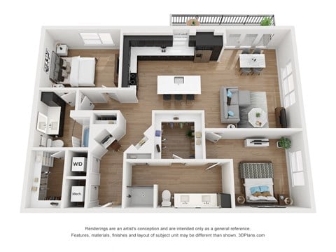 Floor plan for 2 beds, 2 baths, 1366 sqft